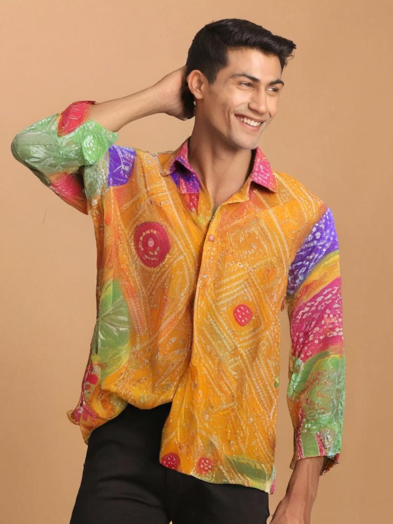 Men's bandhini shirt Georgette - Yellow - banjaratrail