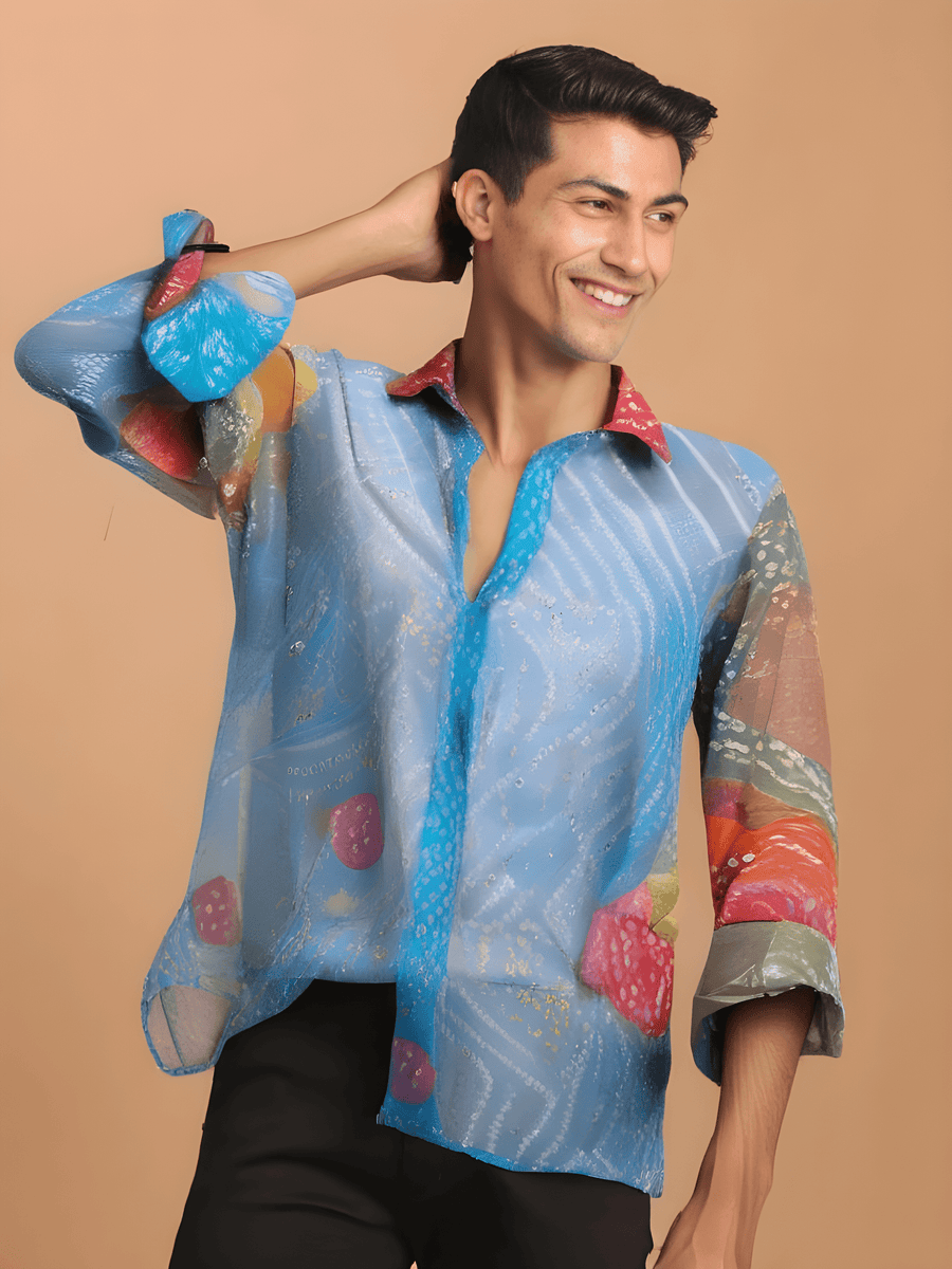 Men's bandhini shirt in Georgette - Blue - banjaratrail