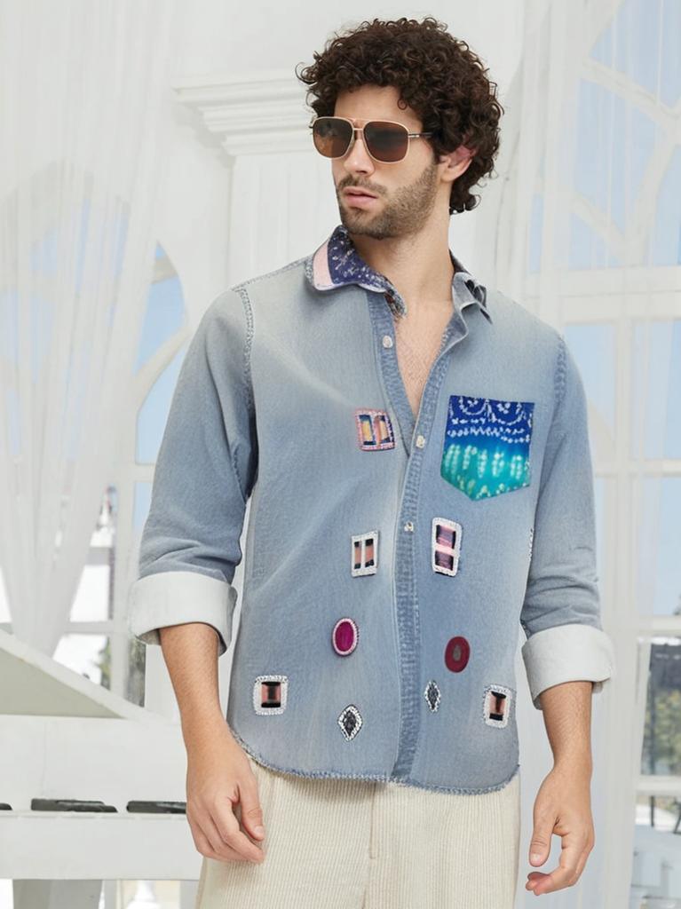 Men's Denim Patchwork Embellished Shirt - banjaratrail