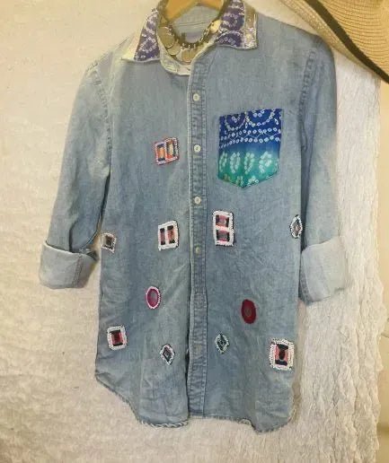 Men's Denim Patchwork Embellished Shirt - banjaratrailMen's Denim Patchwork Embellished Shirt