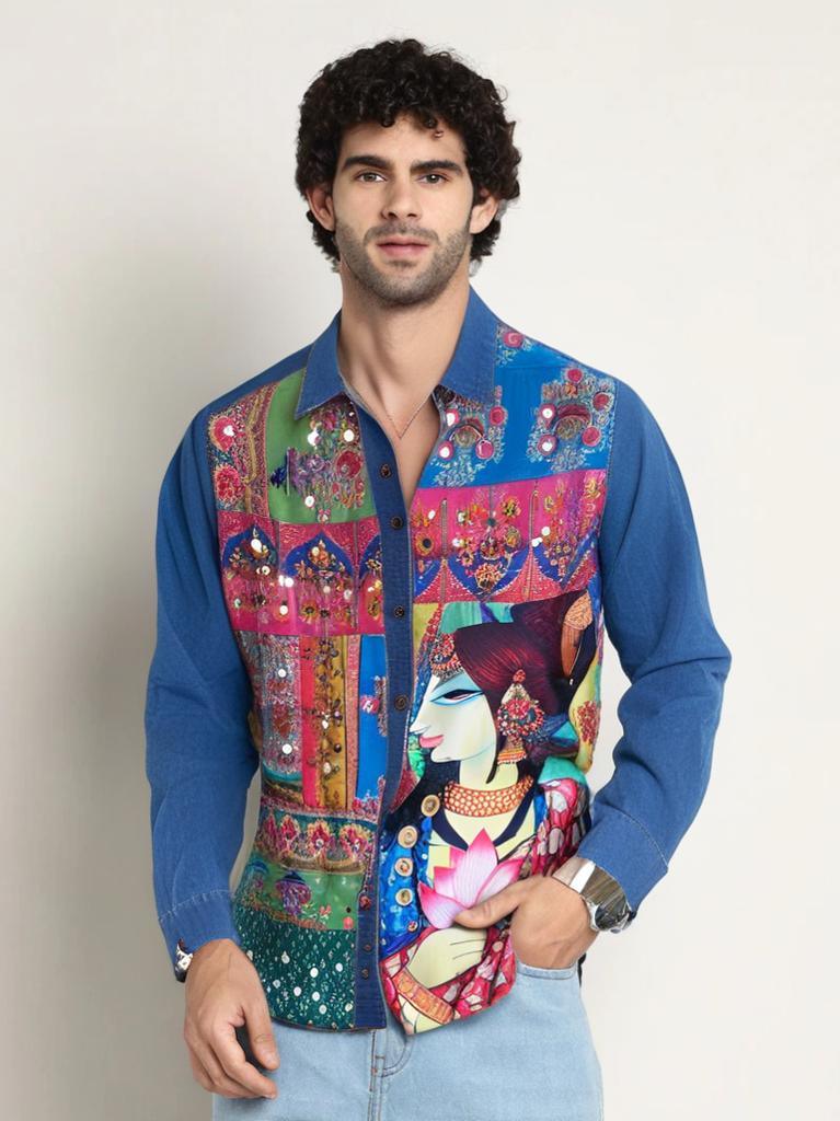 Men's Embellished Denim Shirt - Mumtaz - banjaratrail