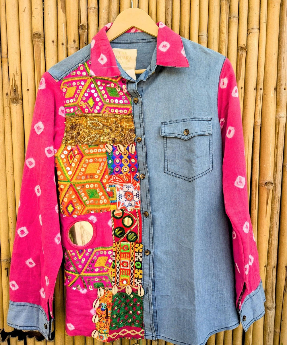 Men's Pink Half and Half Embellished Denim Shirt - banjaratrail