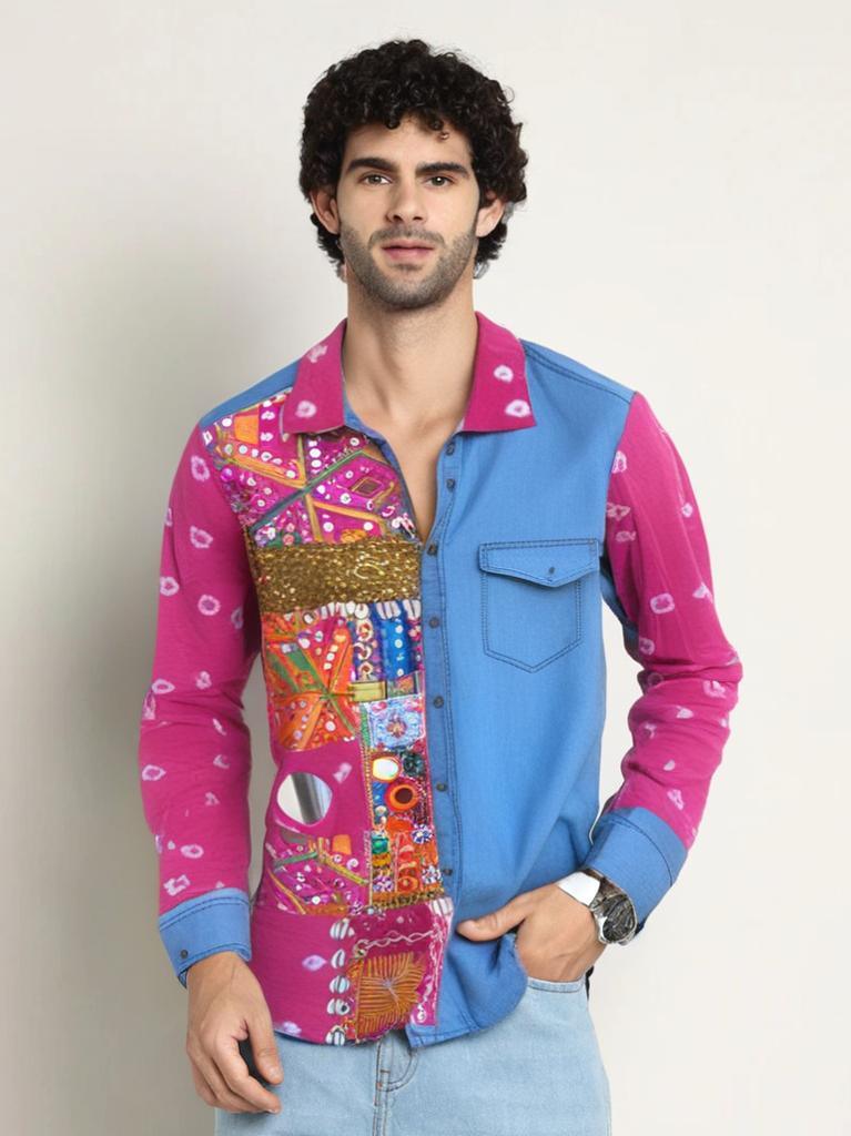 Men's Pink Half and Half Embellished Denim Shirt - banjaratrail