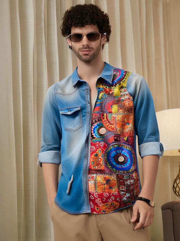 Men's Printed Patchwork Denim Shirt - banjaratrail