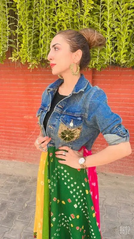 Multicoloured Bandhani Denim Jacket - banjaratrailMulticoloured Bandhani Denim Jacket35950424