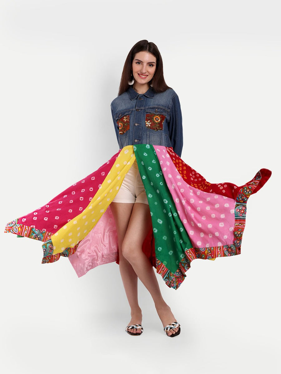 Multicoloured Bandhani Denim Jacket - banjaratrailMulticoloured Bandhani Denim Jacket35950424