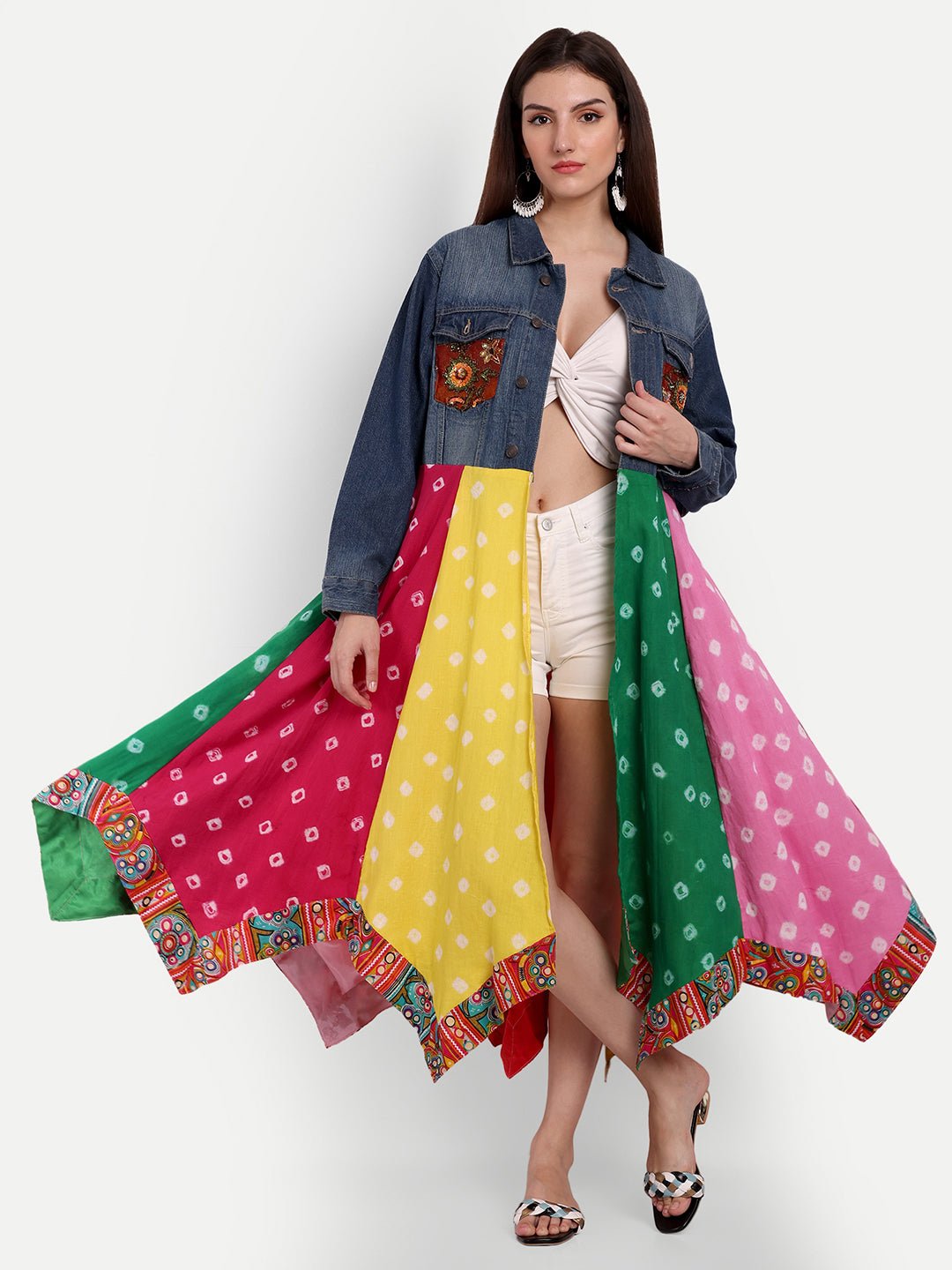 Multicoloured Bandhani Denim Jacket - banjaratrailMulticoloured Bandhani Denim Jacket35950424