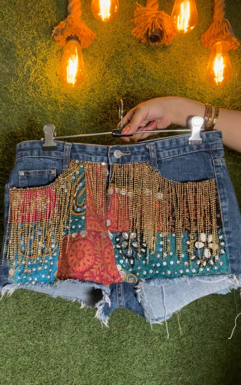 Mystic Sands Rhinestone Chain Patchwork Shorts - banjaratrail