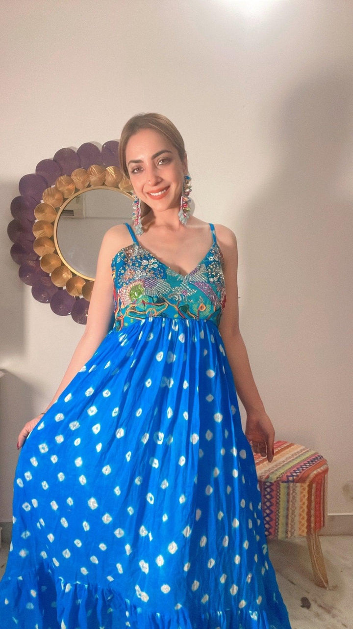 Ocean breeze bandhini maxi dress ( blue ) - banjaratrail