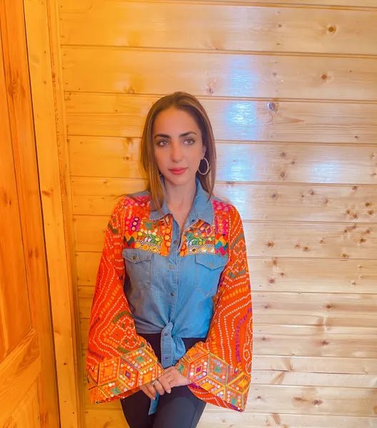 Orange Bandhini Tie Knot Denim Shirt - banjaratrailOrange Bandhini Tie Knot Denim ShirtShirt86702579