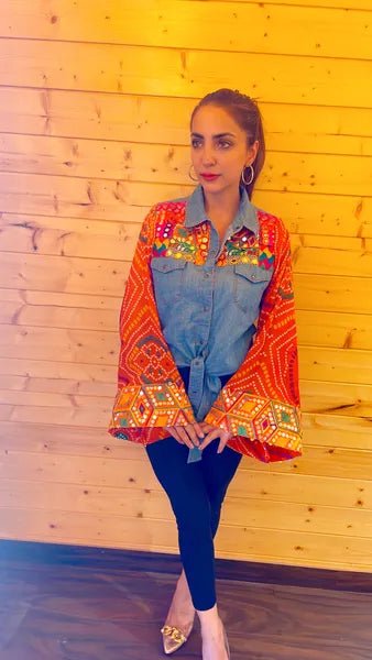 Orange Bandhini Tie Knot Denim Shirt - banjaratrailOrange Bandhini Tie Knot Denim ShirtShirt86702579