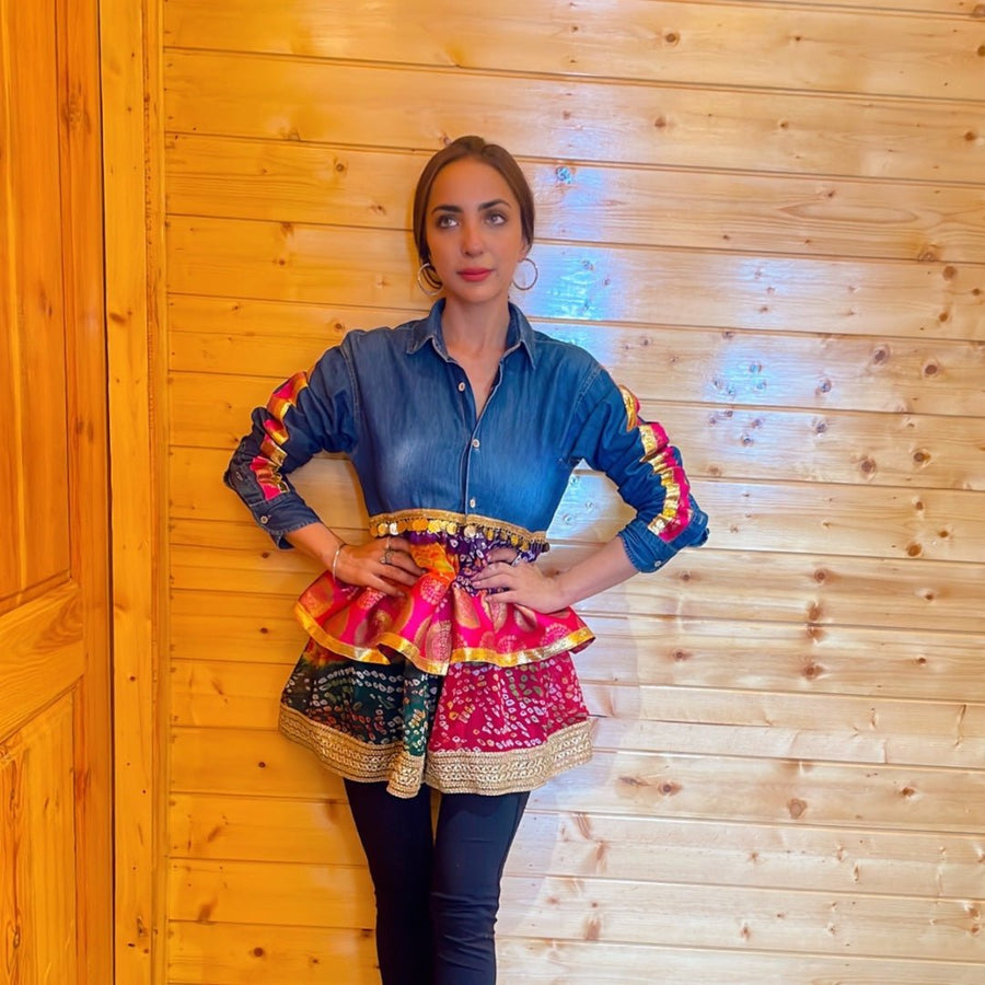 Peplum Bandhini Denim Shirt - banjaratrailPeplum Bandhini Denim ShirtTop56759075