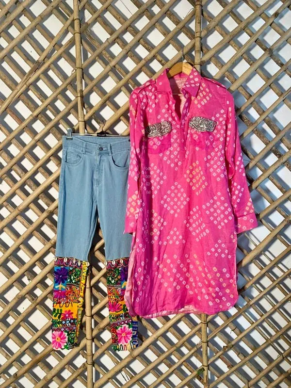 Floral jeans and bandhani kurta set