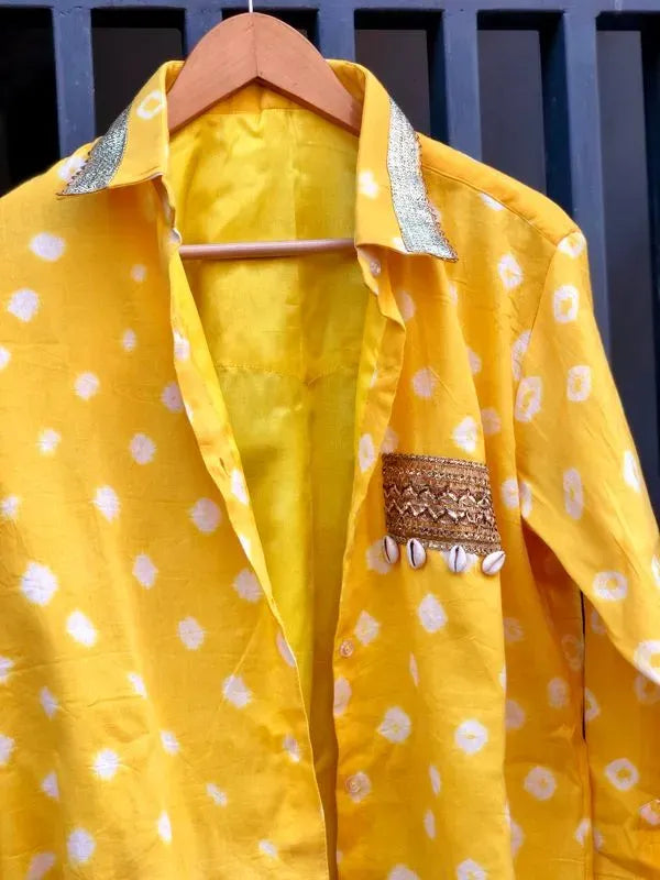 Yellow bandhani embellished shirt
