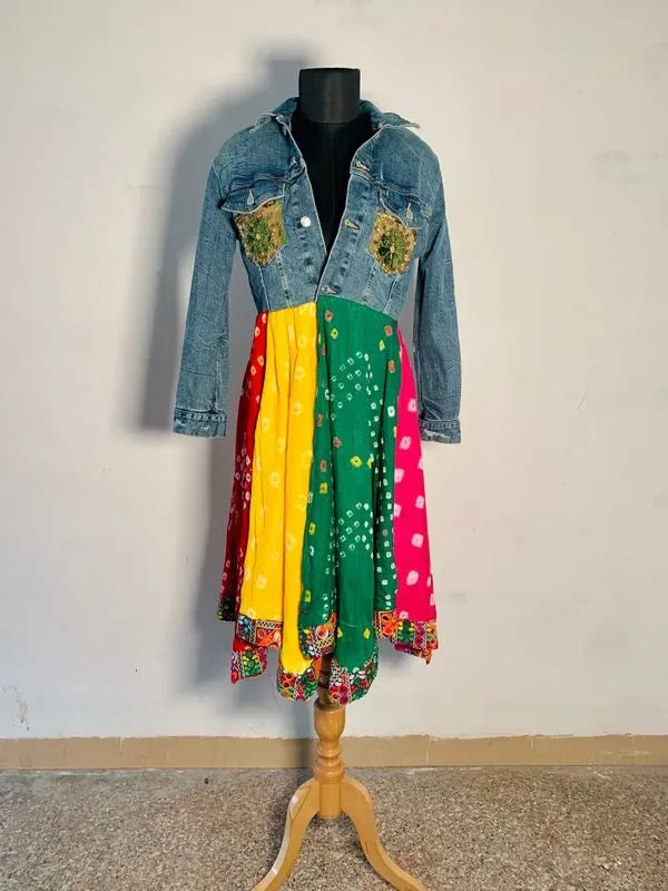 Multicoloured bandhani denim jacket