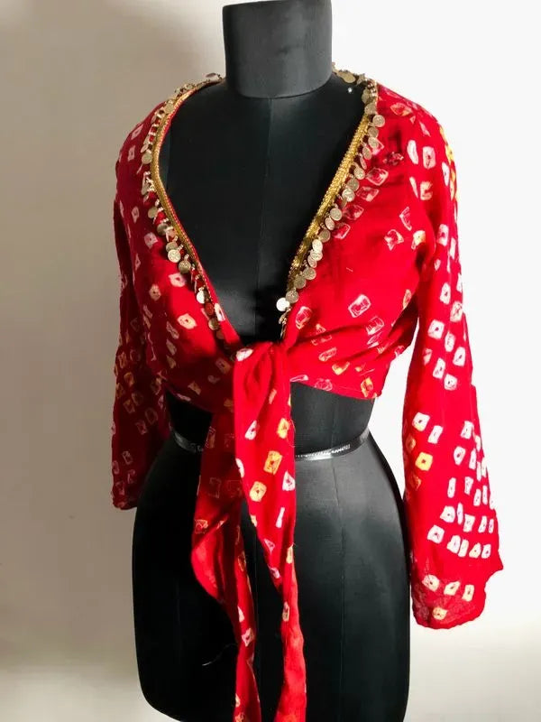 Red tie knot coin embellished top