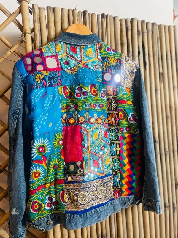 Mirror embellished patchwork jacket