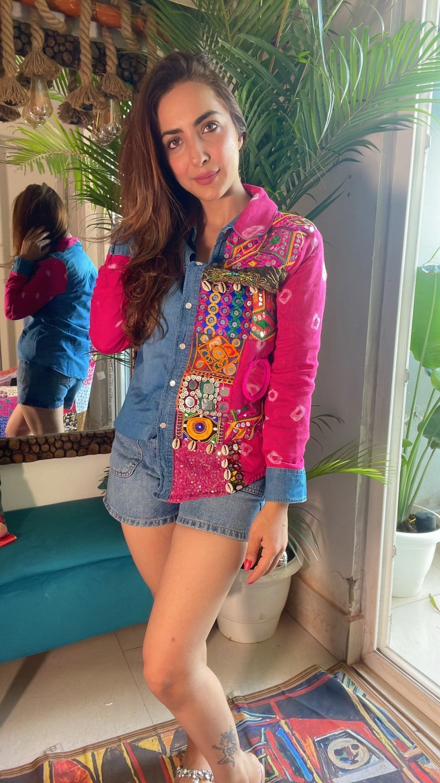 Pink Half and Half Embellished Denim Shirt - banjaratrailPink Half and Half Embellished Denim Shirt99386617