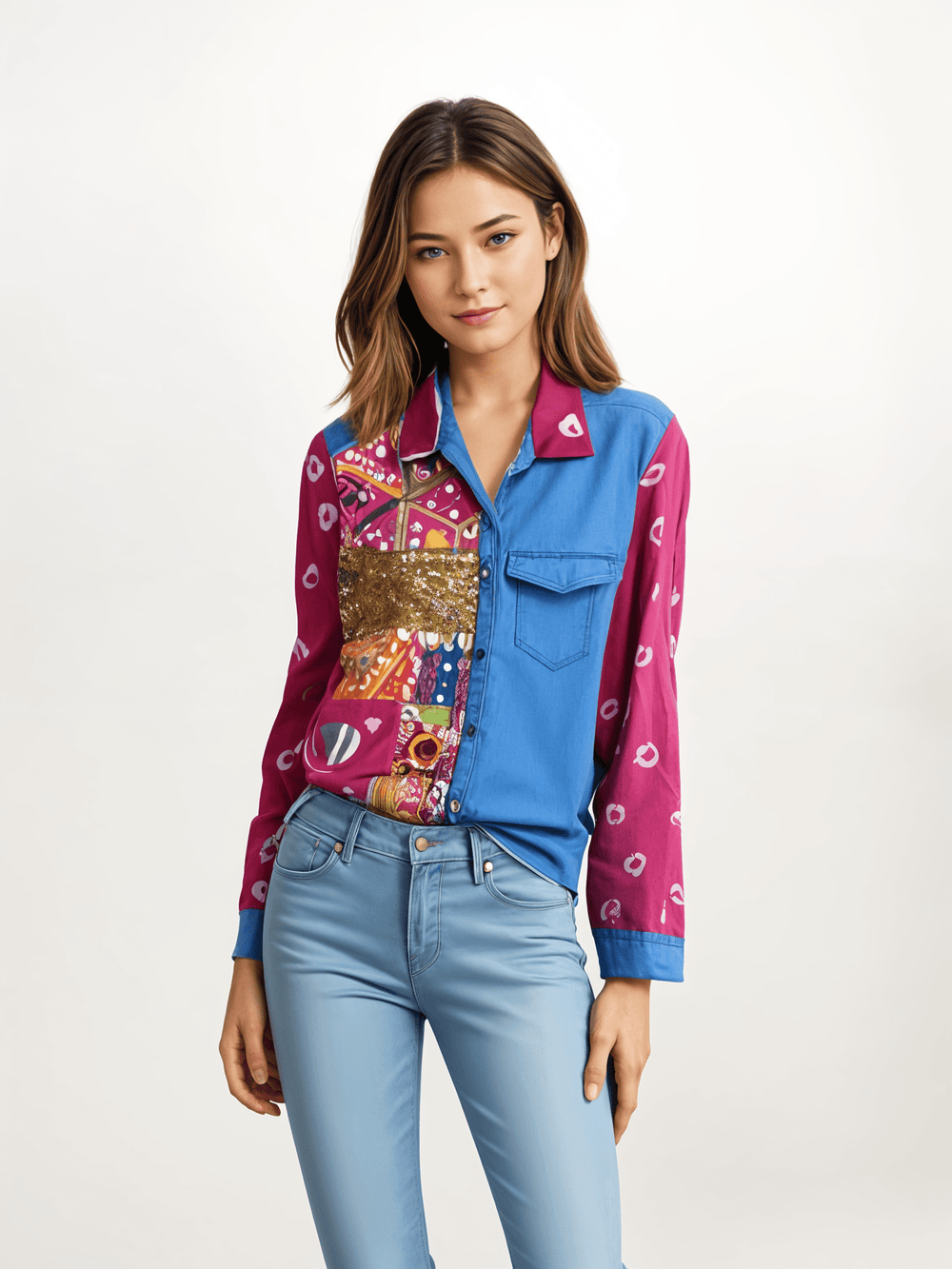 Pink Half and Half Embellished Denim Shirt - banjaratrailPink Half and Half Embellished Denim Shirt99386617