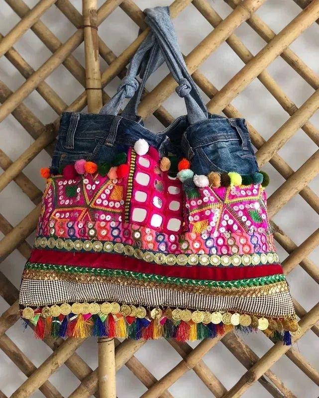 Pom pom denim tote bag - banjaratrail