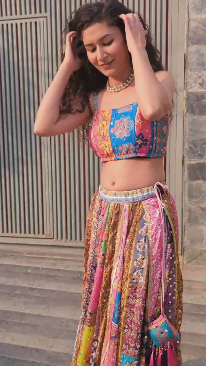 Multi patchwork mirror lehenga