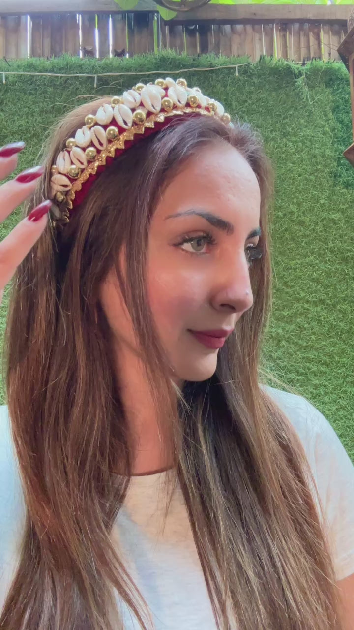 Ruhani Velvet Crown | Cowrie & Gold Hairband with shell