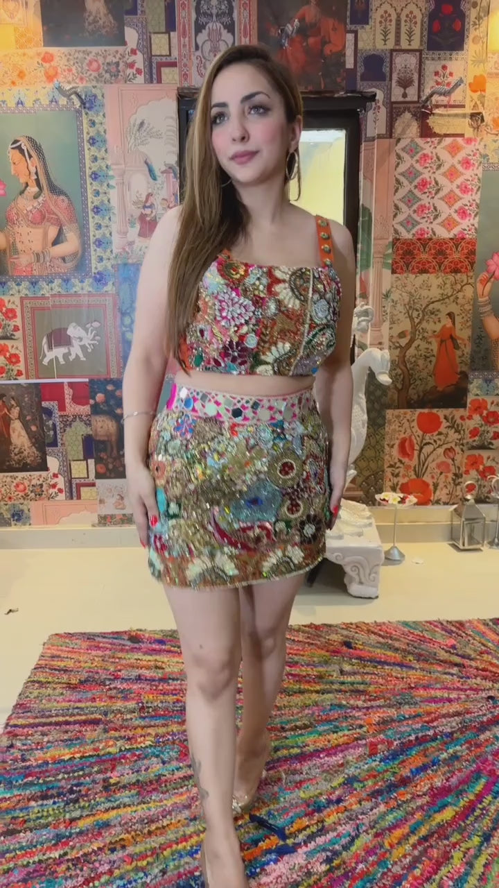 Hand-Embroidered Mirror & Sequin Bustier with Mini Skirt Set
