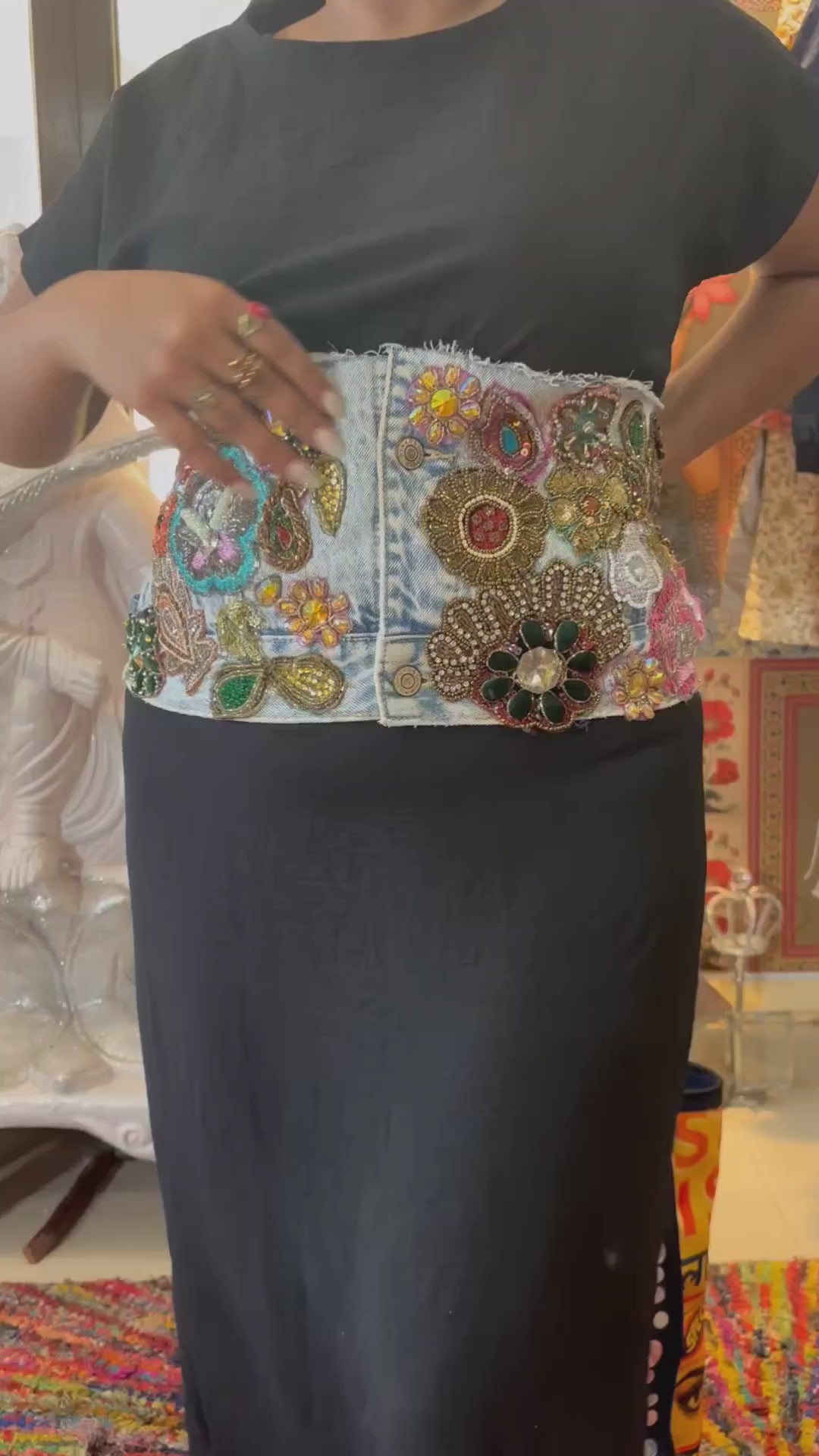 Hand-Embroidered Light Wash Denim Belt – Jewel & Floral Statement