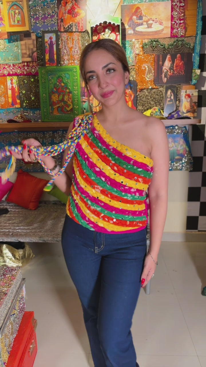Braided Mirror One-Shoulder Bustier – Multicolor
