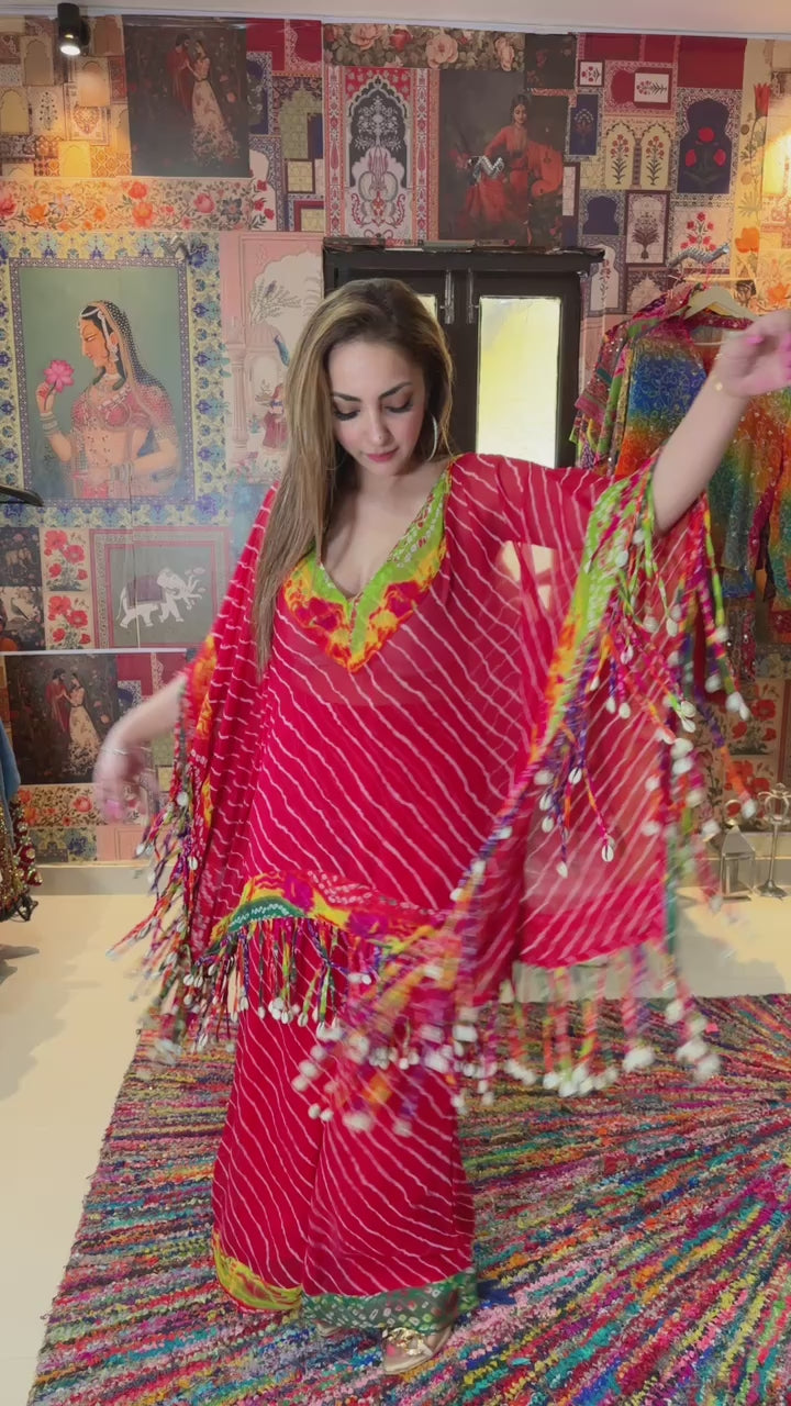 Red Bandhani Kaftan Co-ord Set with Shell Tassels