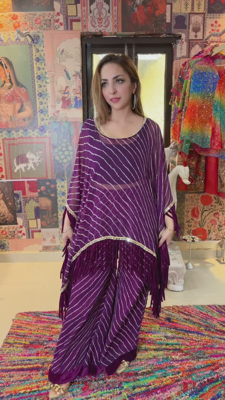 Purple Bandhani Kaftan Co-ord Set with Fringe Detailing