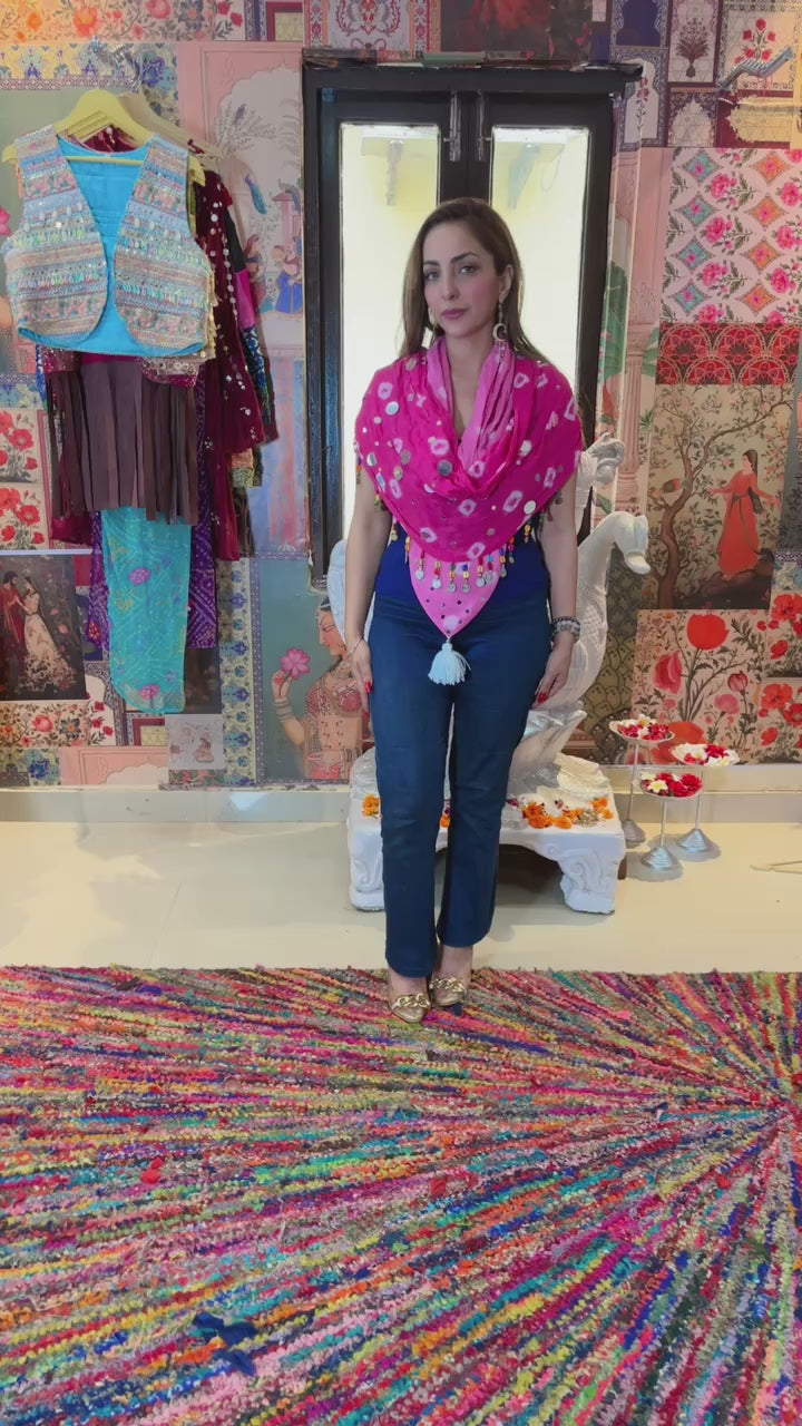 Mirrorwork Bandhani Scarf – Hot Pink Charm
