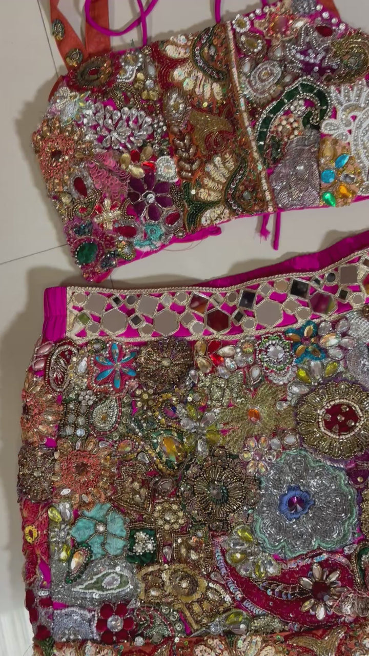 Hand-Embroidered Mirror & Sequin Bustier with Mini Skirt Set