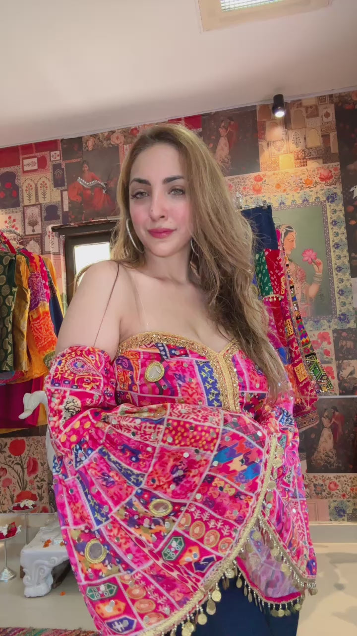 Boho Mirrorwork Bustier with Attached Flared Sleeves