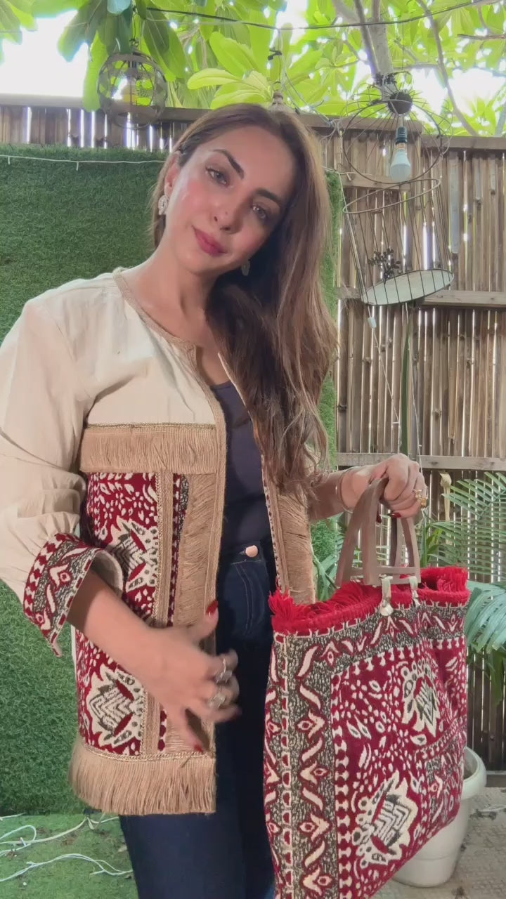 Boho Handcrafted Jacket & Tote Bag Set – Ivory & Maroon Tribal Embroidery