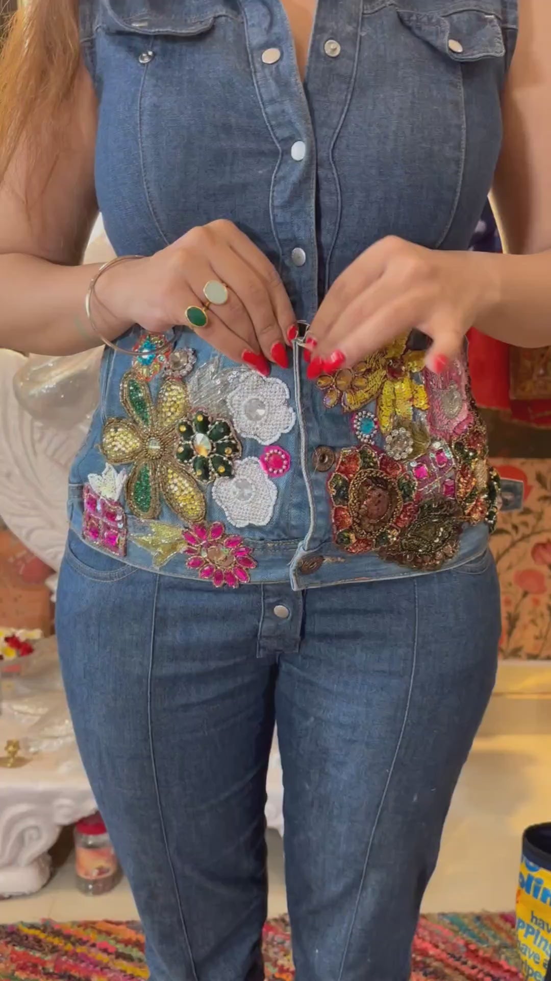 Hand-Embroidered Denim Bustier – Jewel & Floral Patchwork