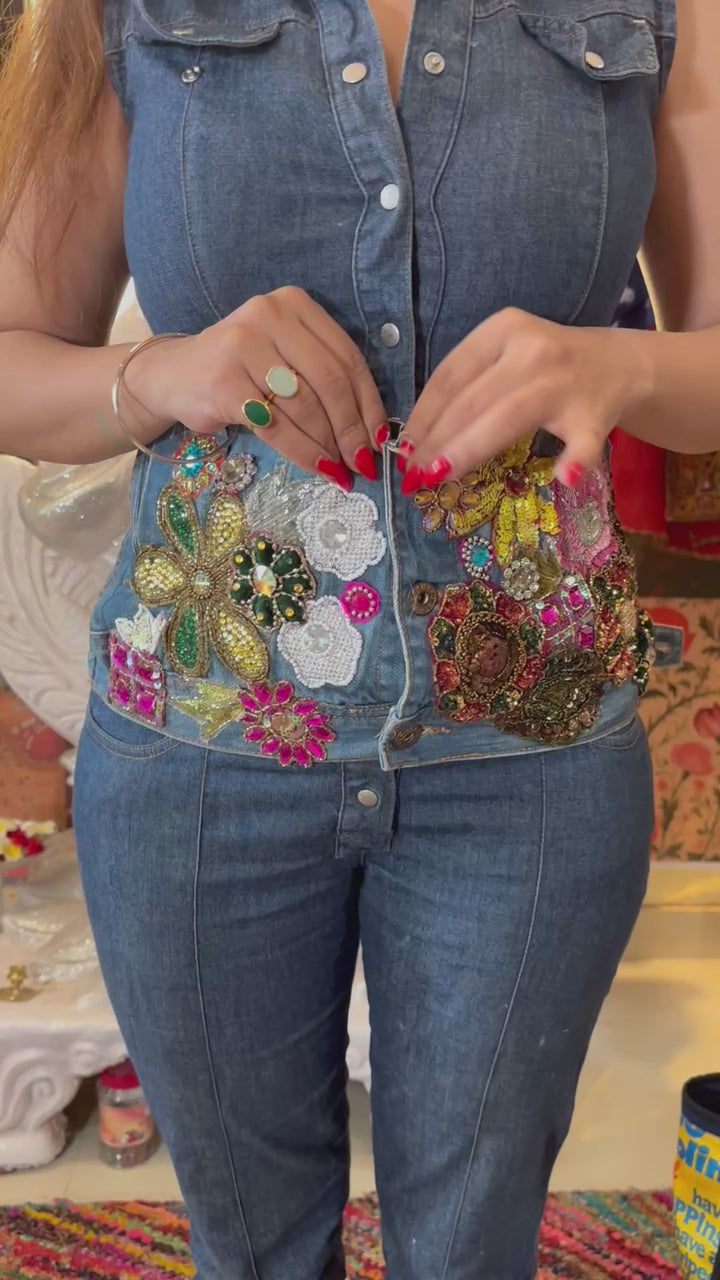 Hand-Embroidered Denim Bustier – Jewel & Floral Patchwork