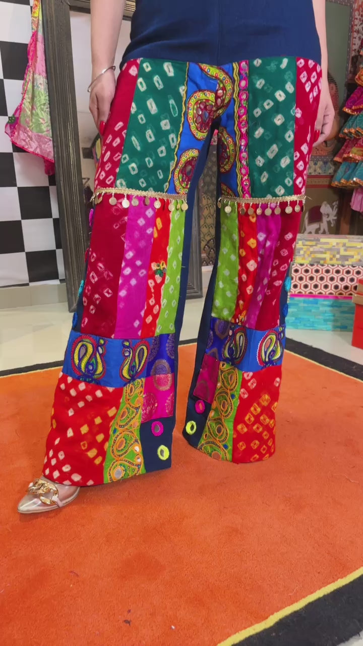 Denim Colour Splash Patchwork Pants  Multicolour Mirrorwork Flare