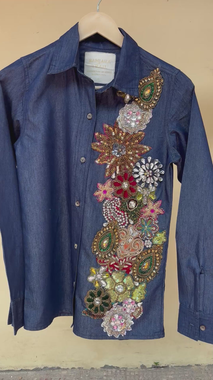 Hand-Embroidered Denim Shirt – Jewel Floral Cascade