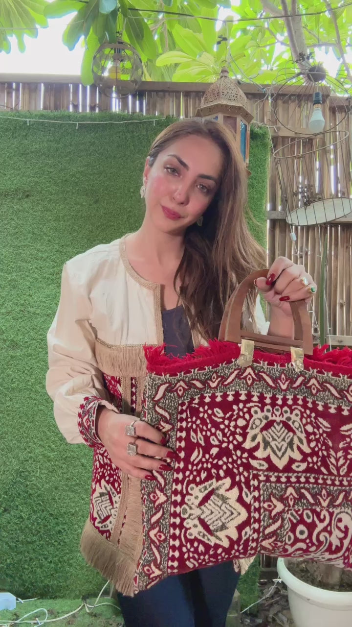 Boho Handcrafted Jacket & Tote Bag Set – Ivory & Maroon Tribal Embroidery
