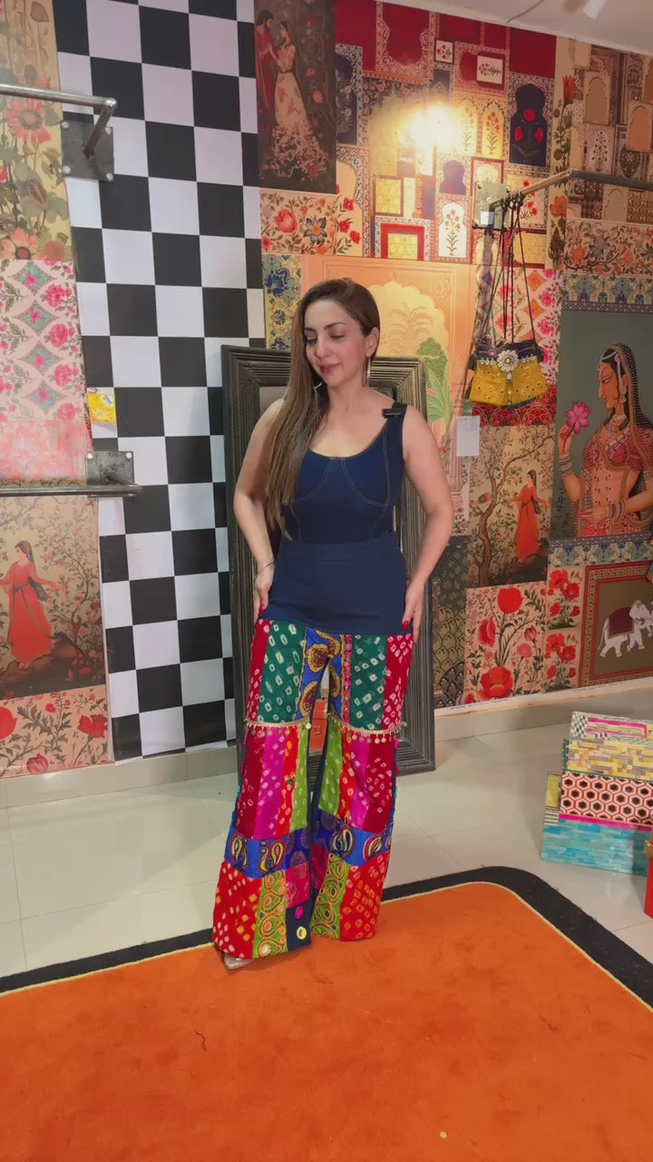 Denim Colour Splash Patchwork Pants – Multicolour Mirrorwork Flare