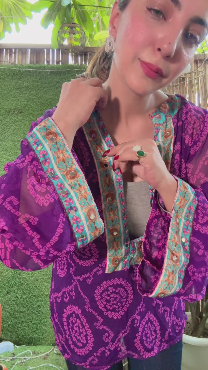 Sheer printed kurti with embellished neck purple