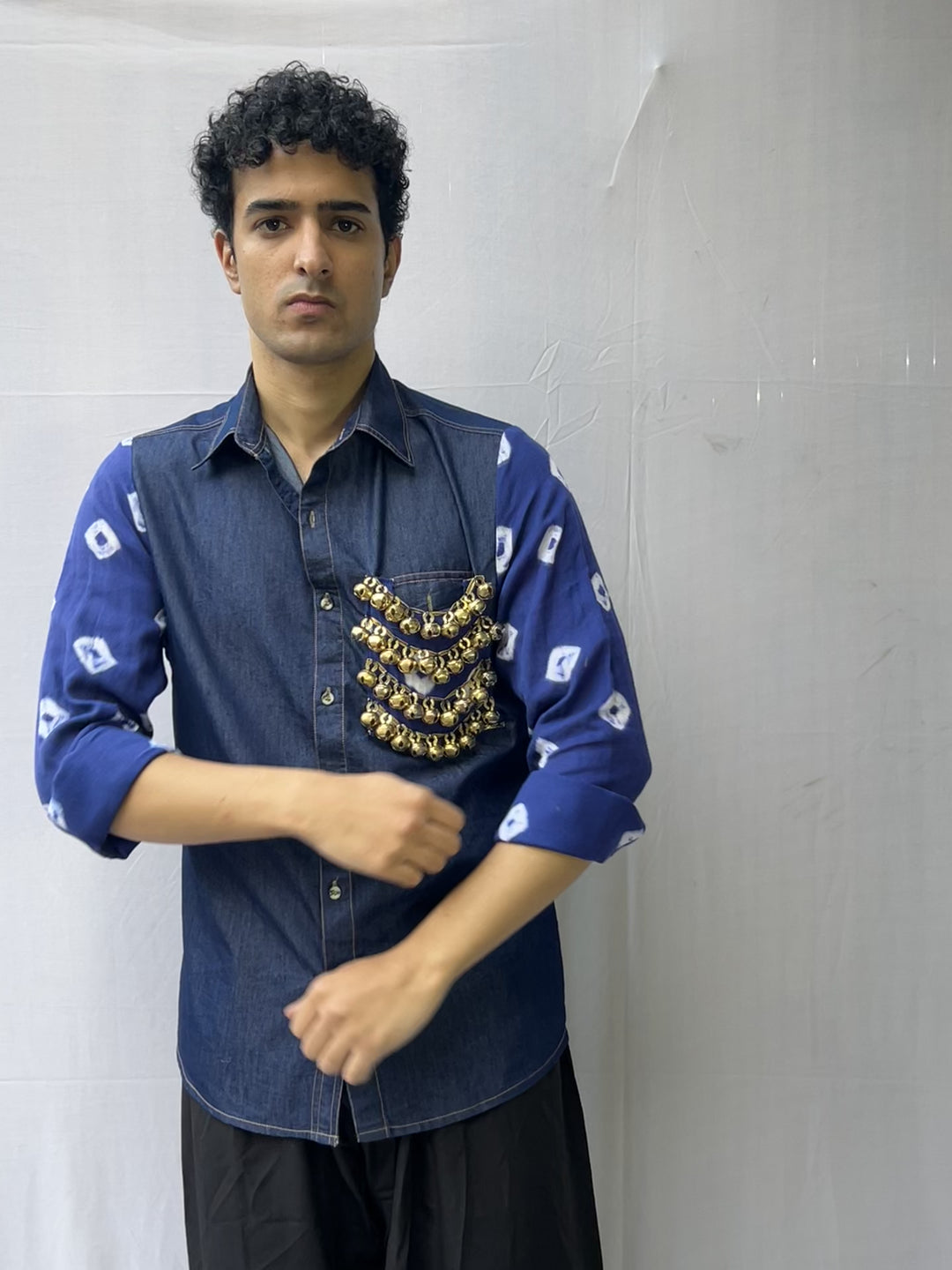 Neelkaar  Ghungroo Bandhani Denim Shirt