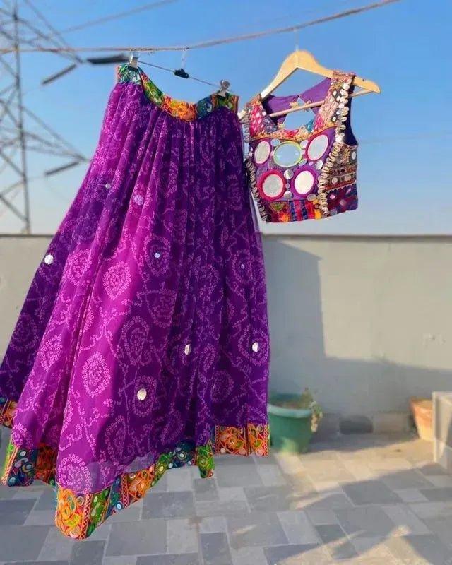 Purple bandhani lehenga +potli bag - banjaratrail