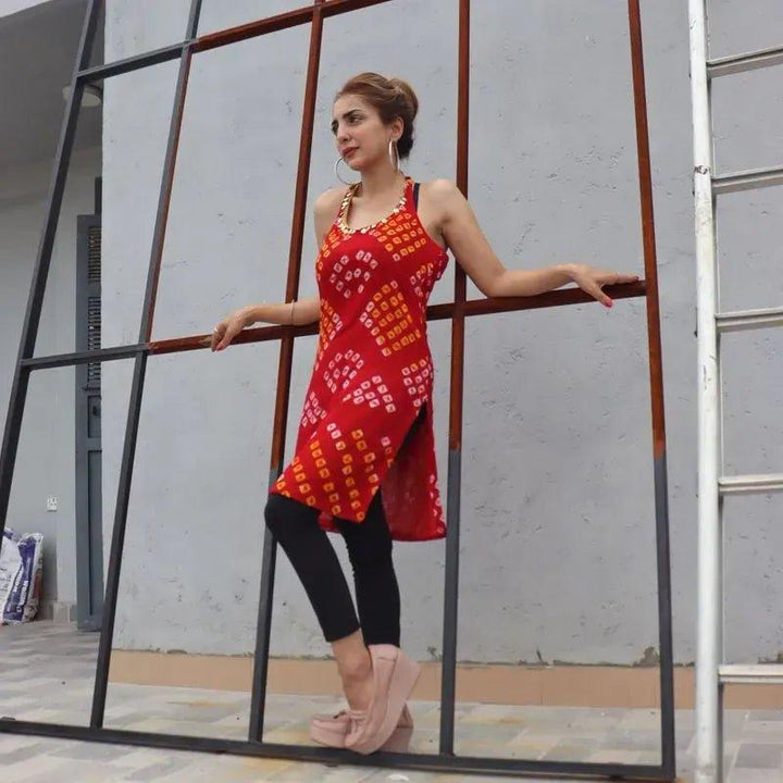 Red Bandhani Halter Kurta - banjaratrail