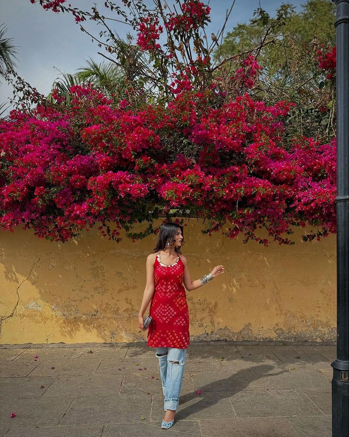 Red Bandhani Halter Kurta - banjaratrail