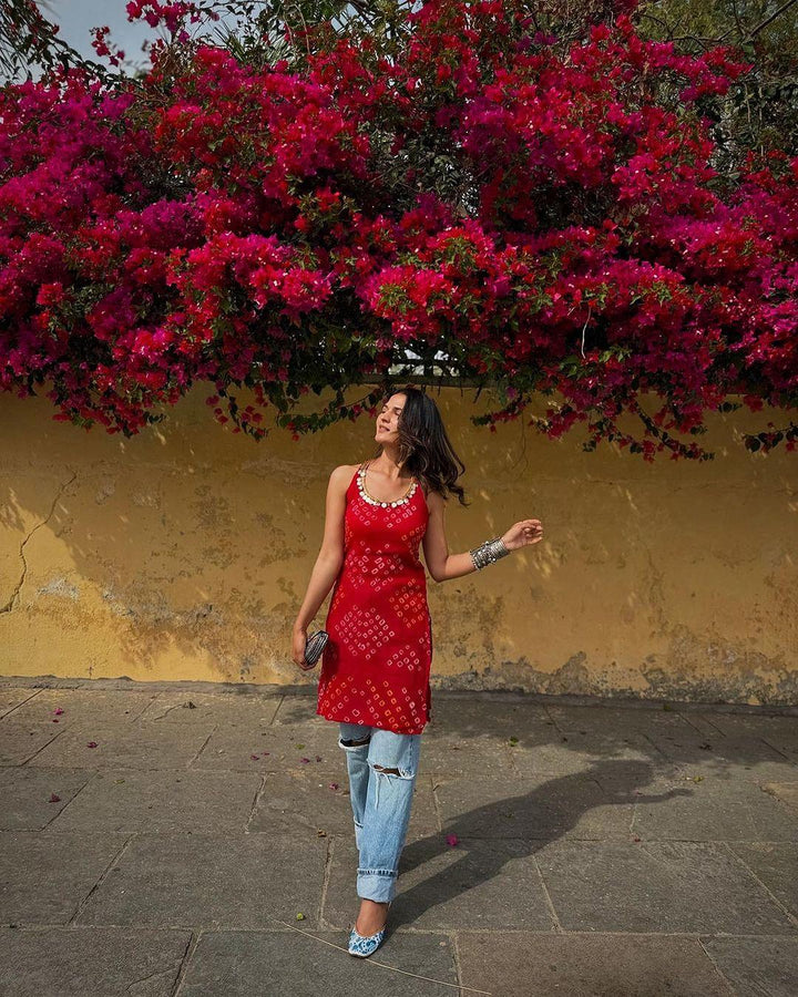 Red Bandhani Halter Kurta - banjaratrail