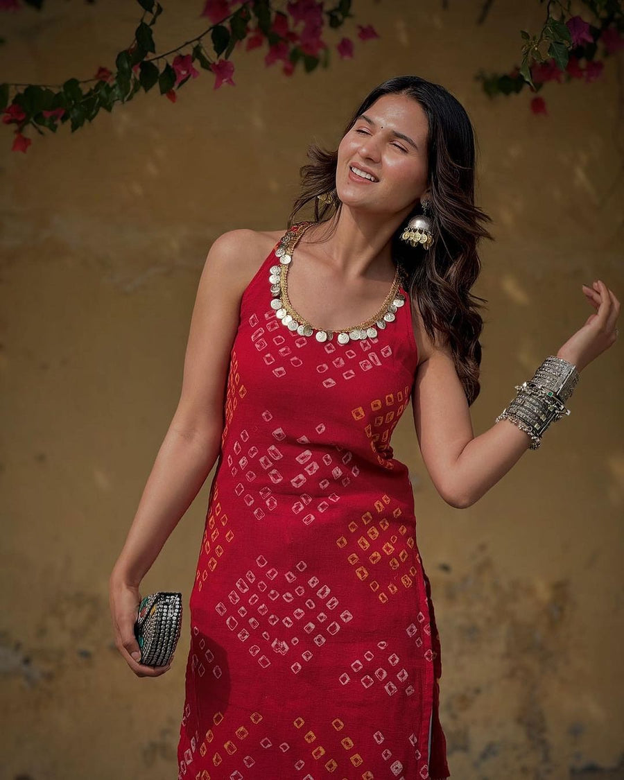 Red Bandhani Halter Kurta - banjaratrailRed Bandhani Halter KurtaKurta33576587