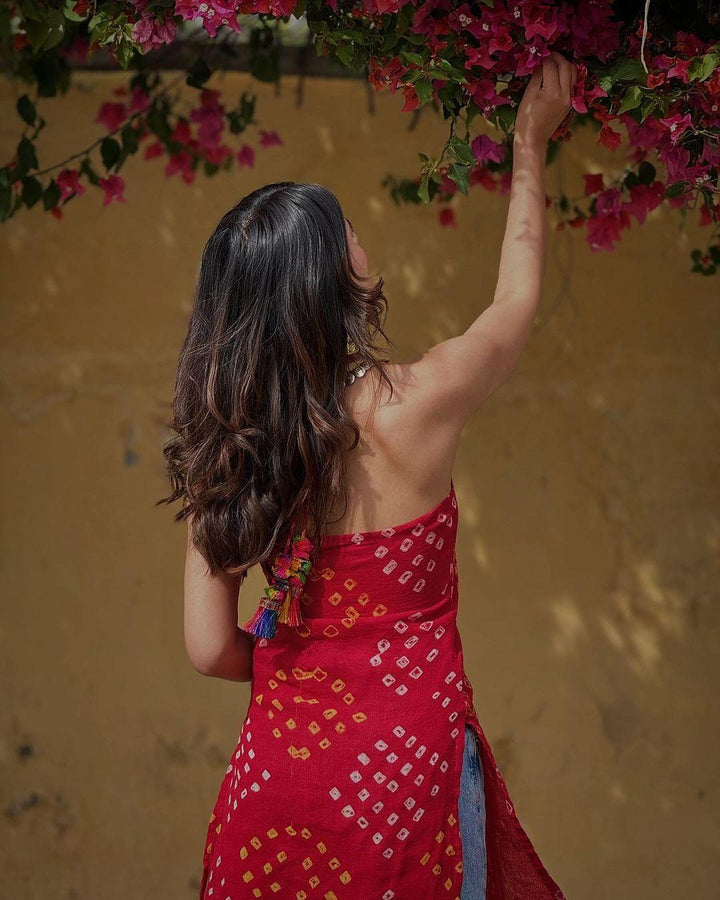 Red Bandhani Halter Kurta - banjaratrail