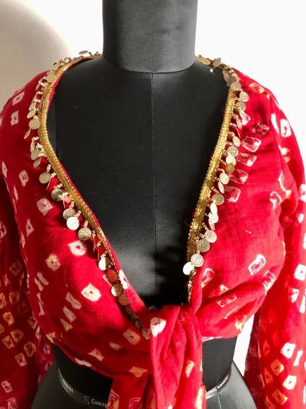 Red tie knot coin embellished top - banjaratrailRed tie knot coin embellished top14638962